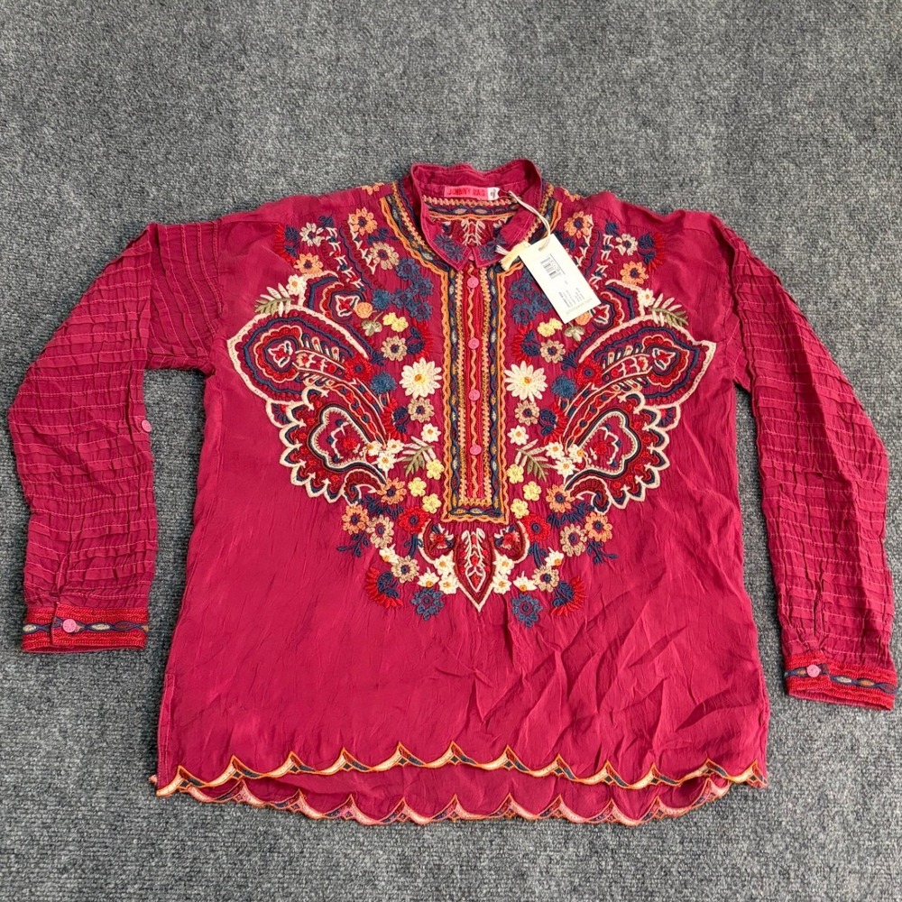 Johnny Was Aubrette Blouse Raspberry Pink Embroidered Cupra Rayon Size XS NWT